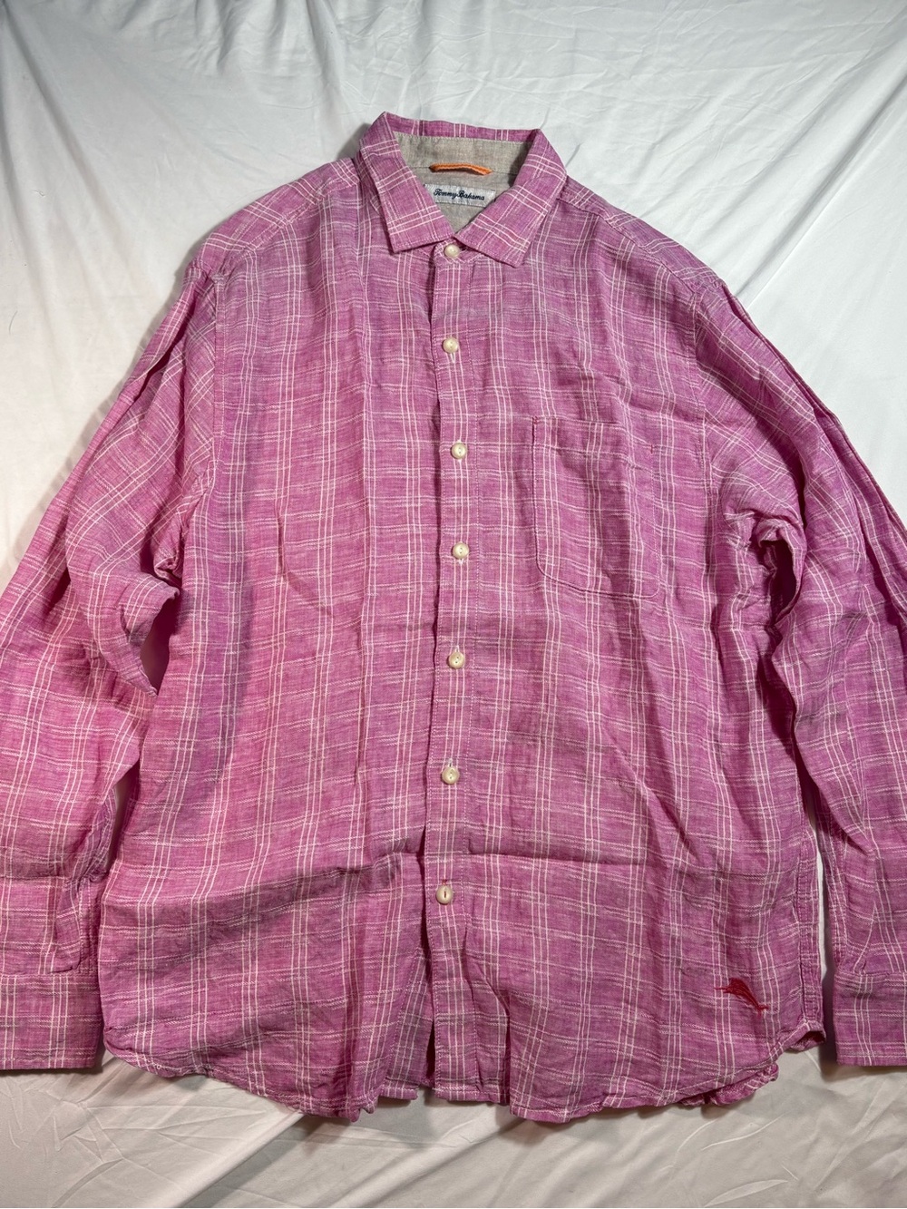 Tommy Bahama Pink and White Plaid Shirt 100% Linen Size L